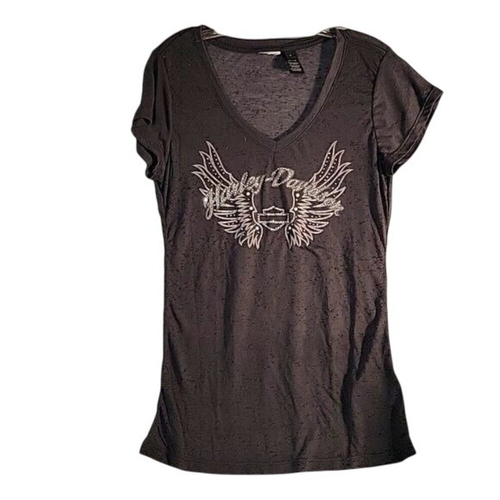 Harley-Davidson Womens Black Burnout Wing Logo V-Neck‎ T-Shirt S Polyester/Rayon